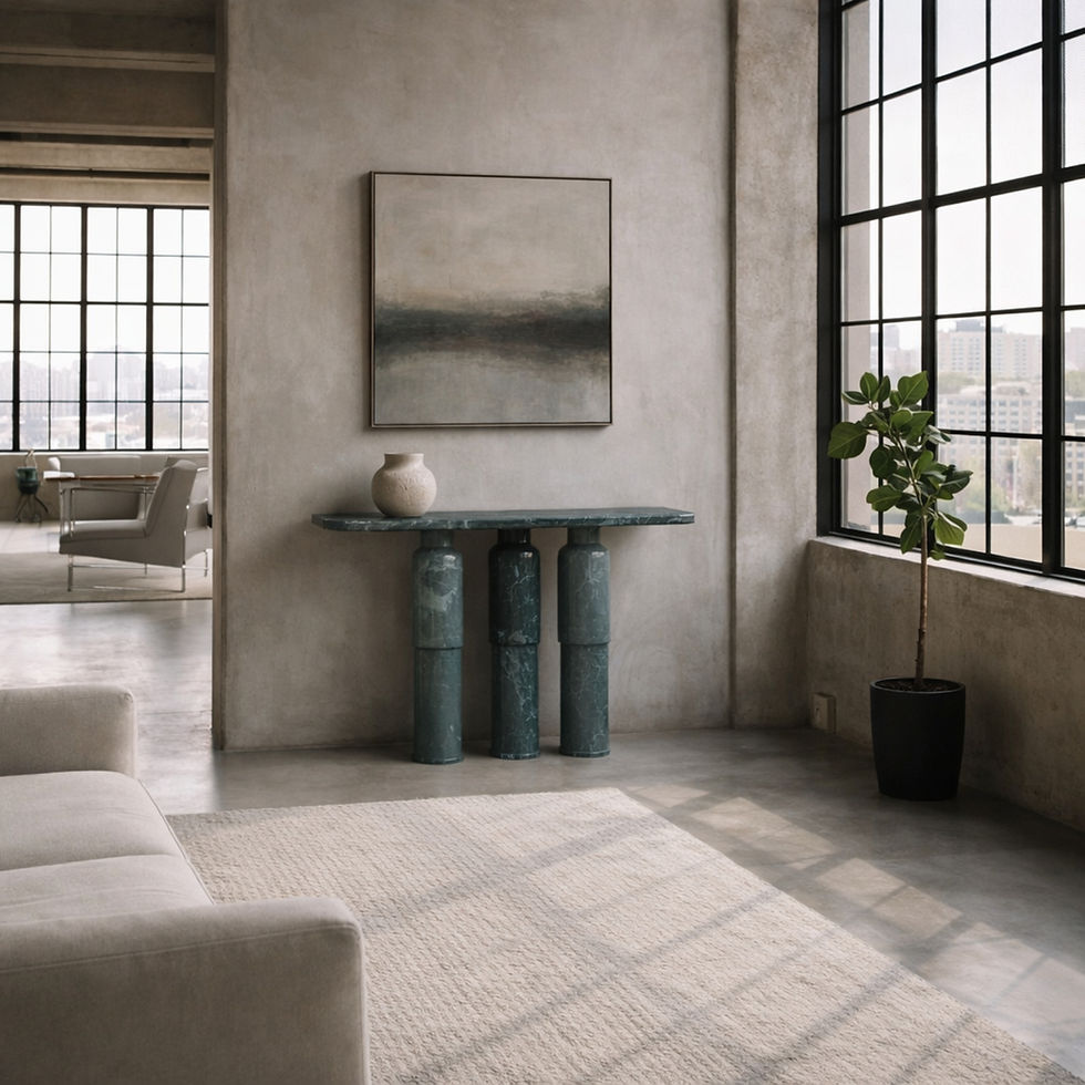 Thumbnail: Minimalist loft interior featuring forest green marble console table