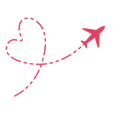 Desenho de um avião vermelho seguindo uma linha tracejada que forma um coração, simbolizando amor por viagens.