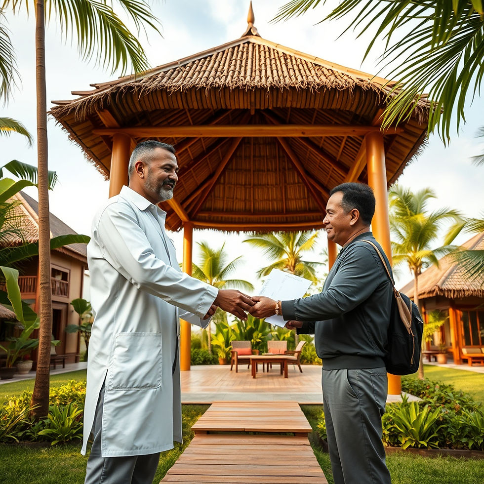 _Architect handing over a completed bamboo resort structure to a client, polished bamboo c