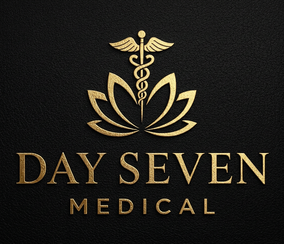 Logo design featuring a Caduceus symbol and a lotus flower over the text "Day Seven Medical". The design is elegant and professional with metallic gold accents on a dark background.