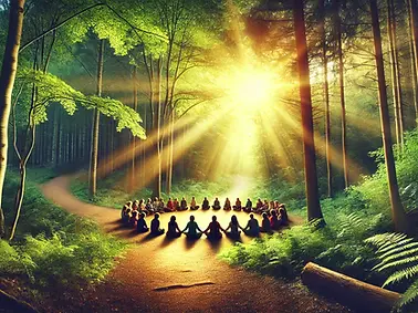 An AI image of a community gathered under trees.