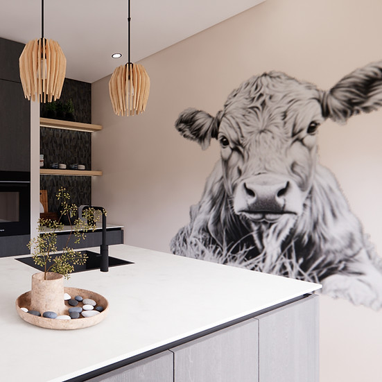 Modern interieur met muurschildering koe door Slok Kleur & Interieur
