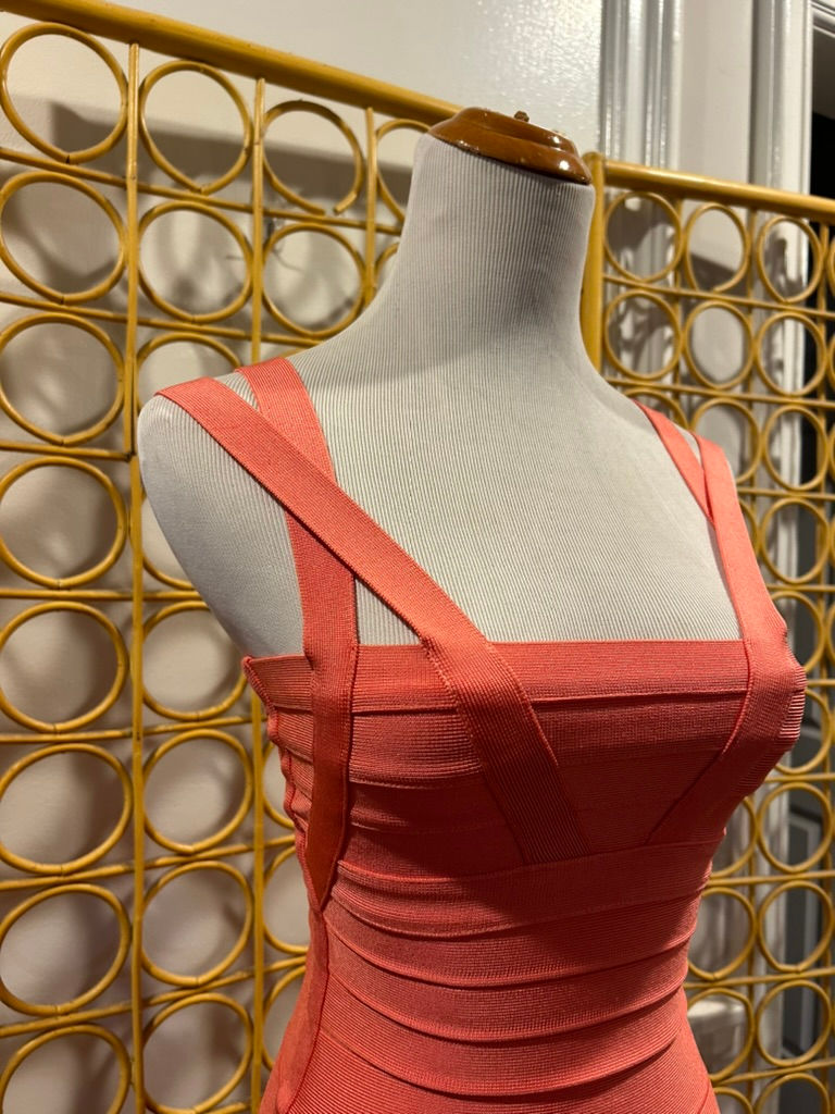 Thumbnail: Herve Leger Pink Coral Oria Bodycon Dress