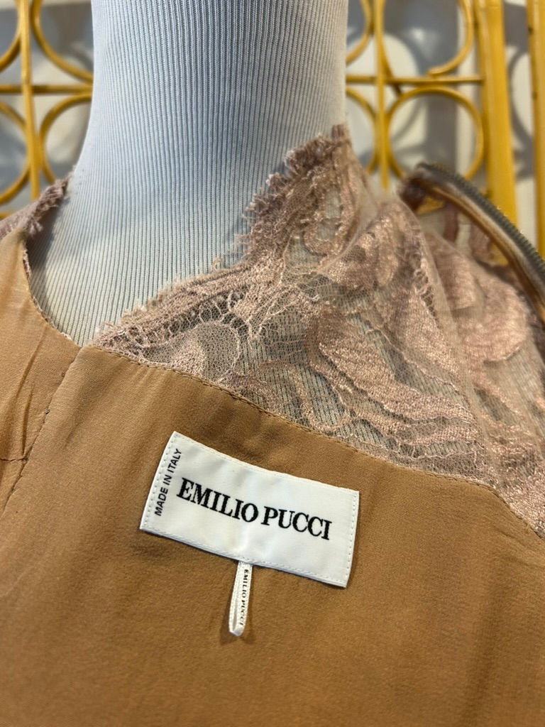 Thumbnail: Emilio Pucci Pink/Brown Lace Over Tan Silk Sheath Dress