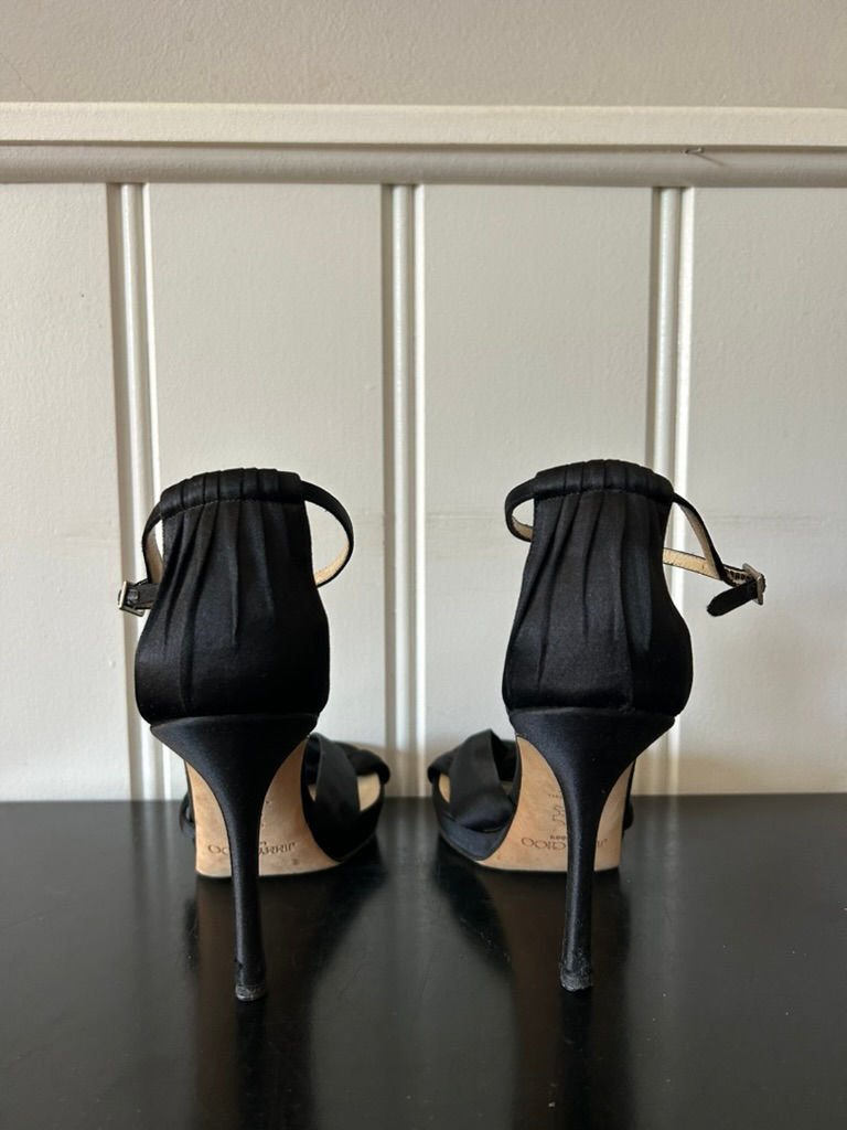 Thumbnail: Jimmy Choo MACY Satin Pumps Black Heels Open Toe Ankle Strap Buckle