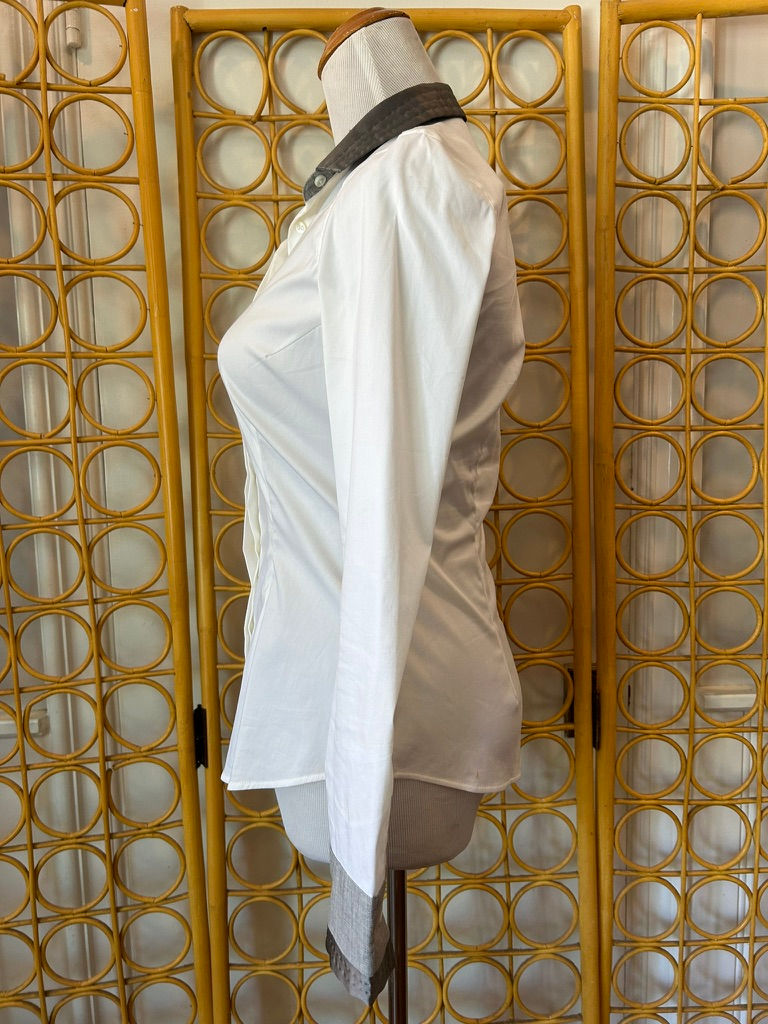 Thumbnail: Brunello Cucinelli White Contrast Grey Cuff & Collar Detail Long Sleeve Shirt