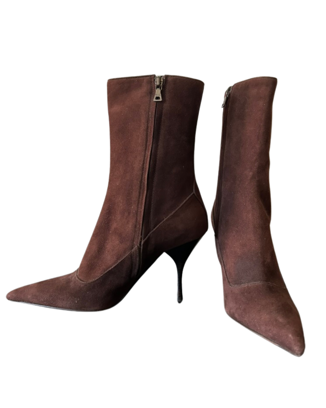 Prada Milano Brown Leather Mid Calf Heeled Pointed Pointy Toe Boots Side Zip