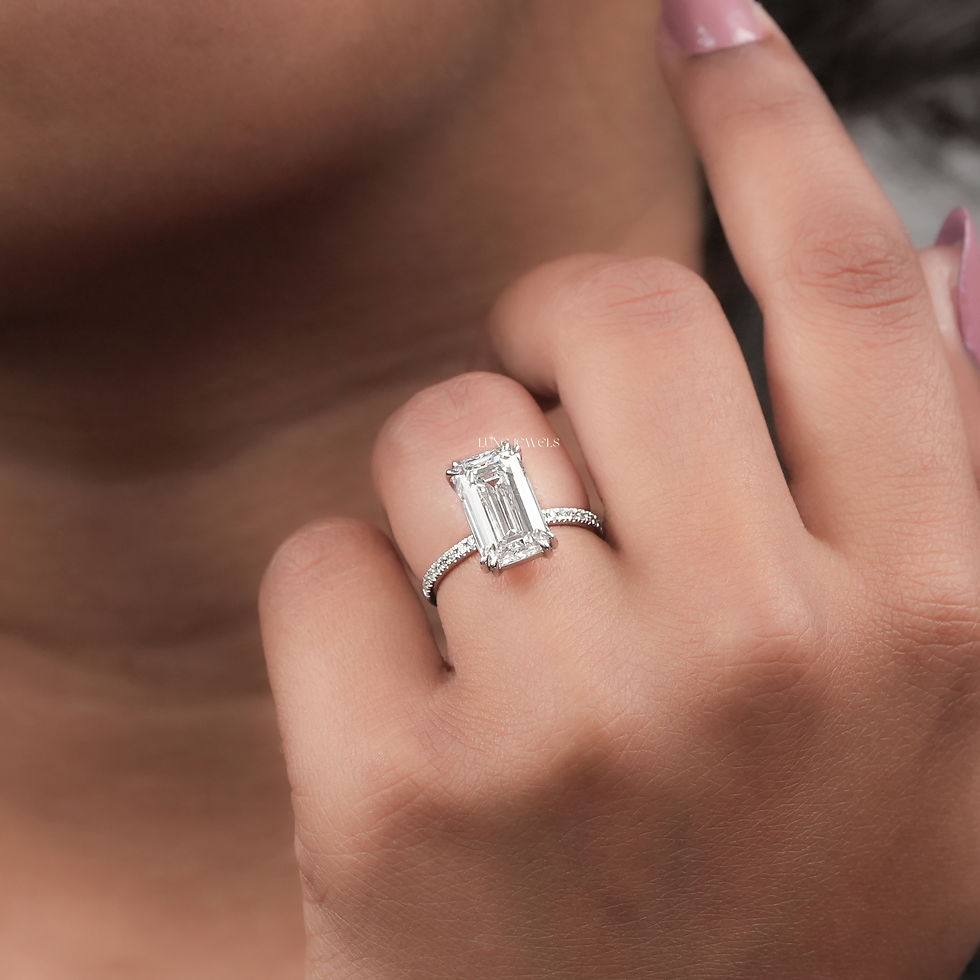 Thumbnail: 4 CT Emerald Cut Lab Grown Diamond Engagement Ring | Color FG | Clarity VS | 10k