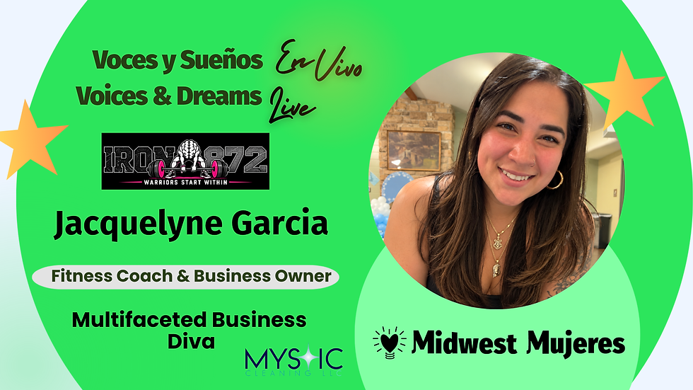 Jacquelyne Garcia, Starting Over Is Not the Same as Giving Up. Her headshot and her two business logos Iron 872 and Mystic Cleaners