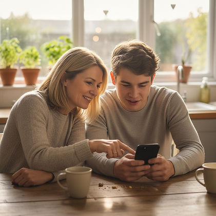 Mother and Young Adult sitting at kitchen table looking at a mobile device together.jpg