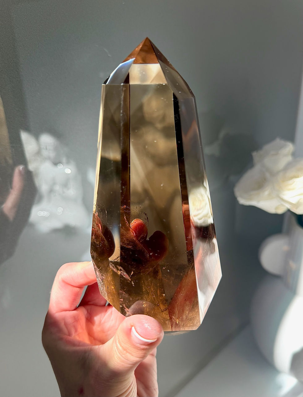 Thumbnail: 6.5” Double Terminated Smoky Quartz Point with Rainbow - Stand Included