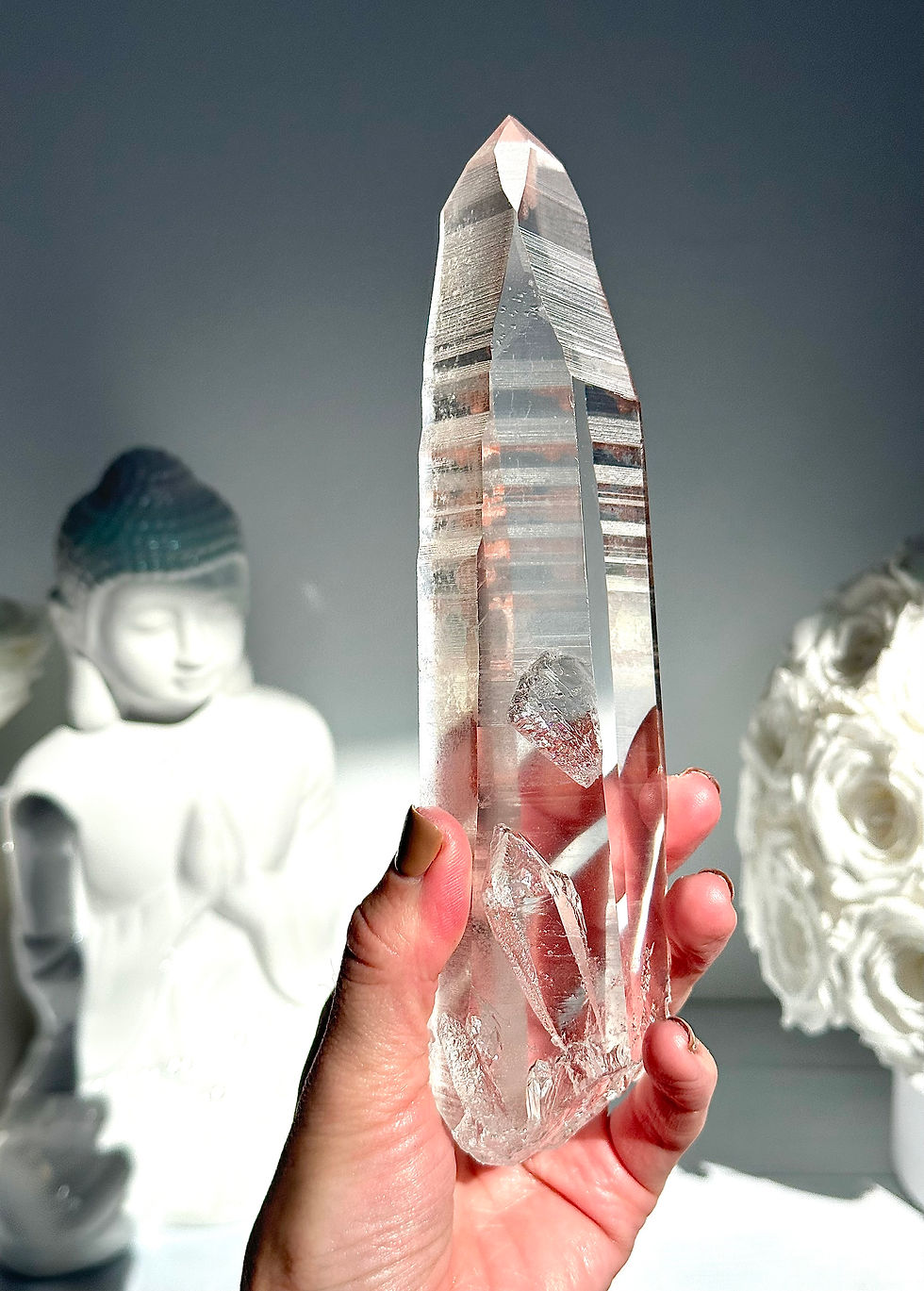 Thumbnail: 7.75” Radiant Pink Lemurian w/ Blue Needles, Window, Linear Ridges - MG, Brazil