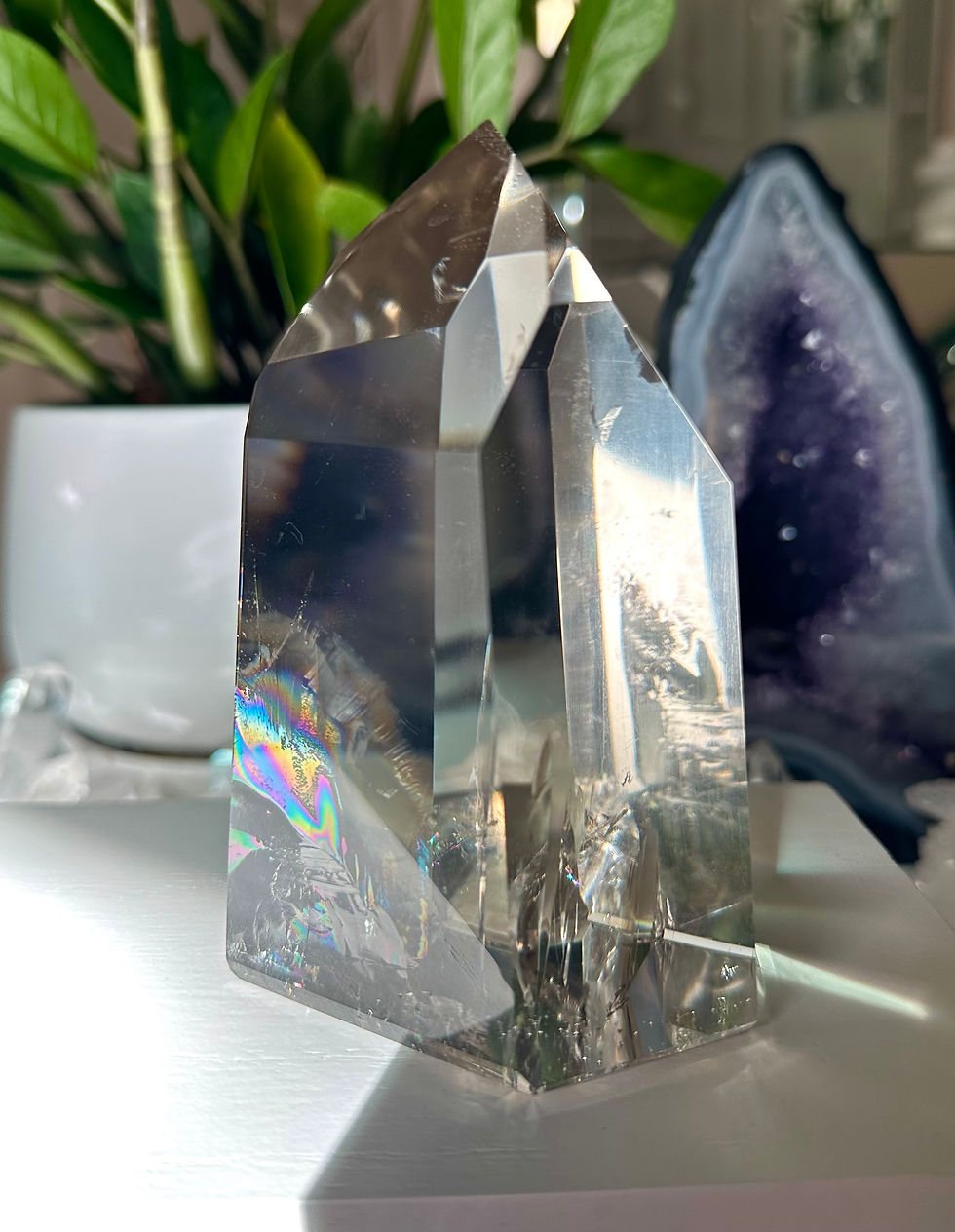 Thumbnail: 4.8” Stunning Light Smoky Lemurian Quartz Point with Large Rainbow
