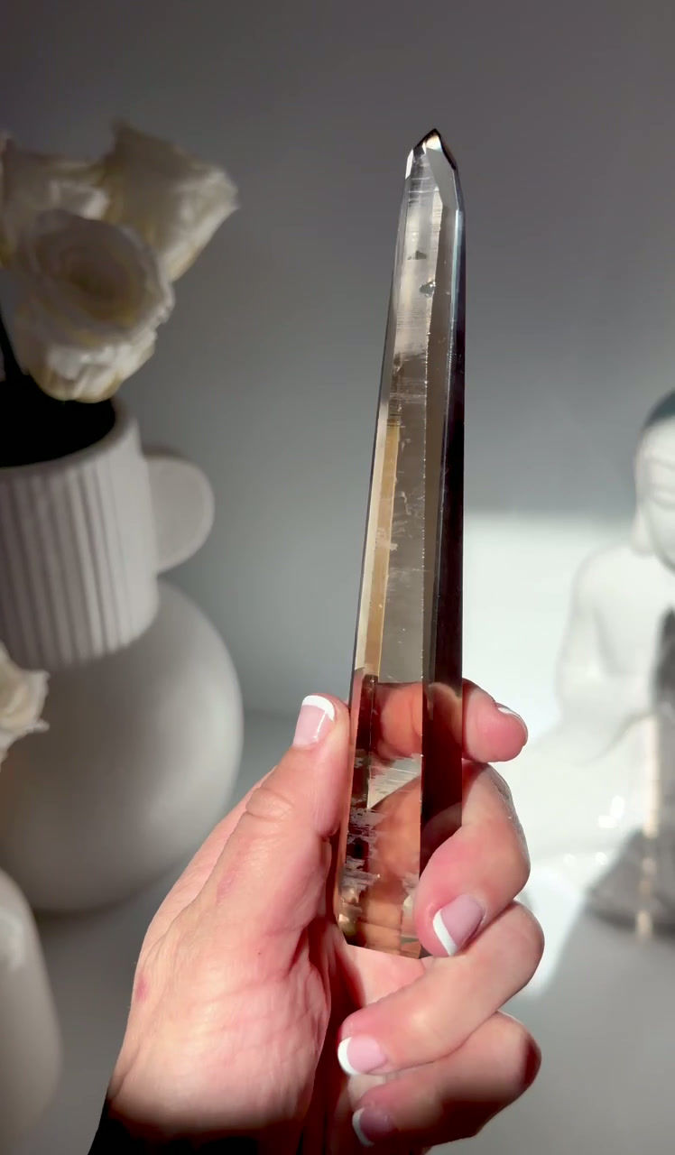Thumbnail: 6.25” Smoky Lemurian Quartz Point with Excellent Clarity, Barcodes - Brazil