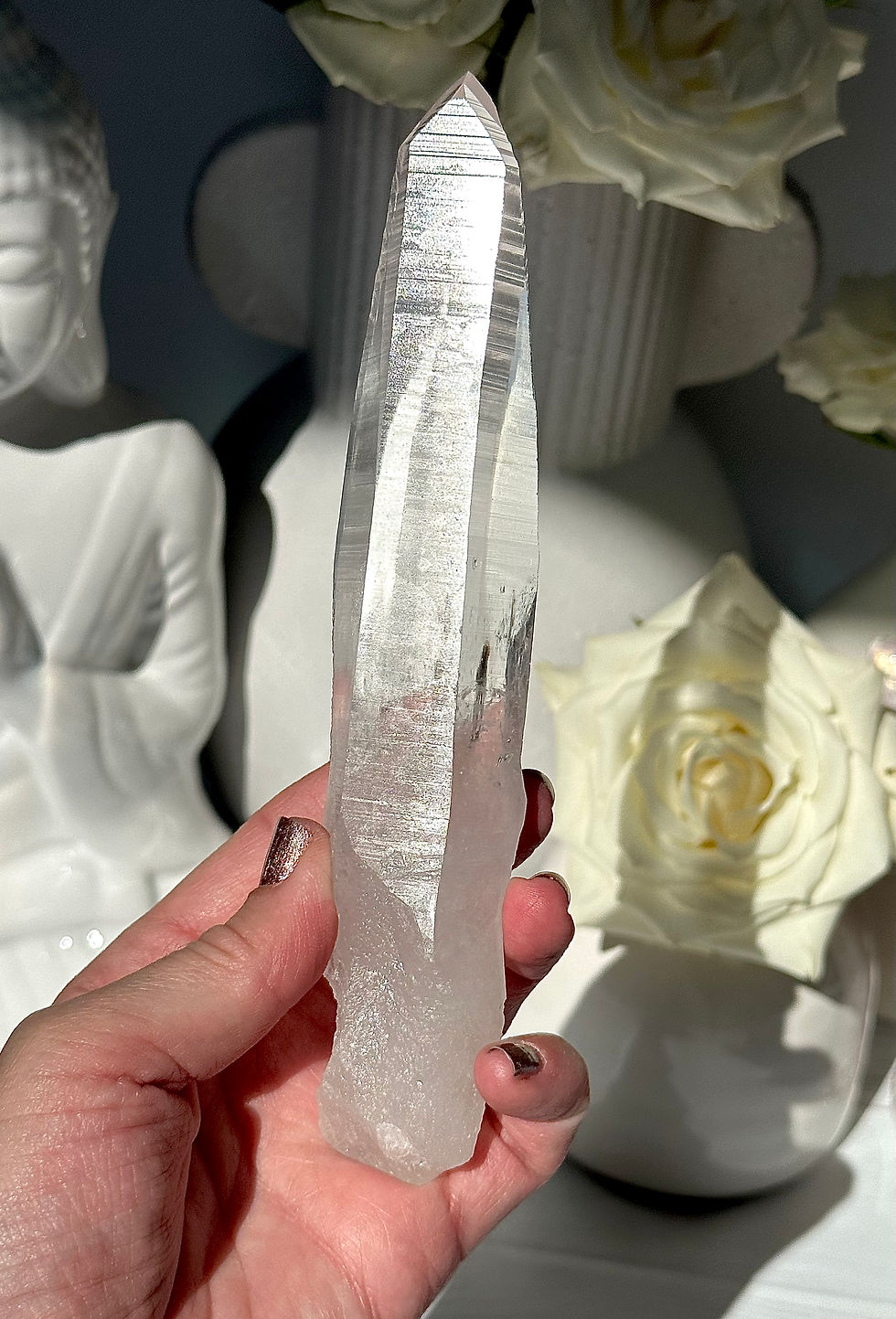 Thumbnail: 6.8” High Quality Lemurian Quartz Point with Deep Linear Ridges - Alegre Mine