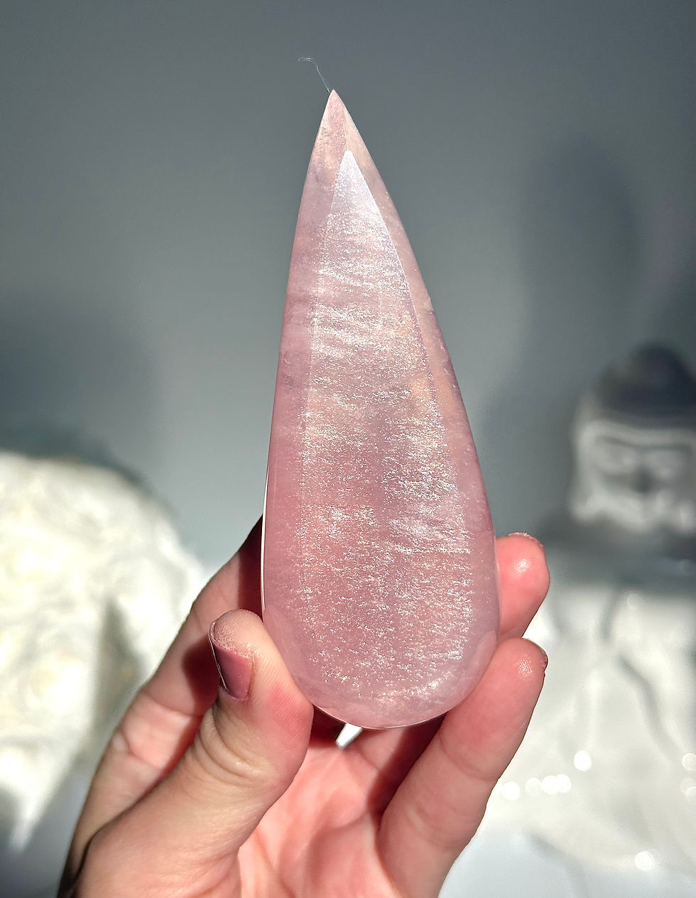 Thumbnail: 4.2” Gorgeous Rose Quartz Teardrop with Shimmering Mist - Brazil