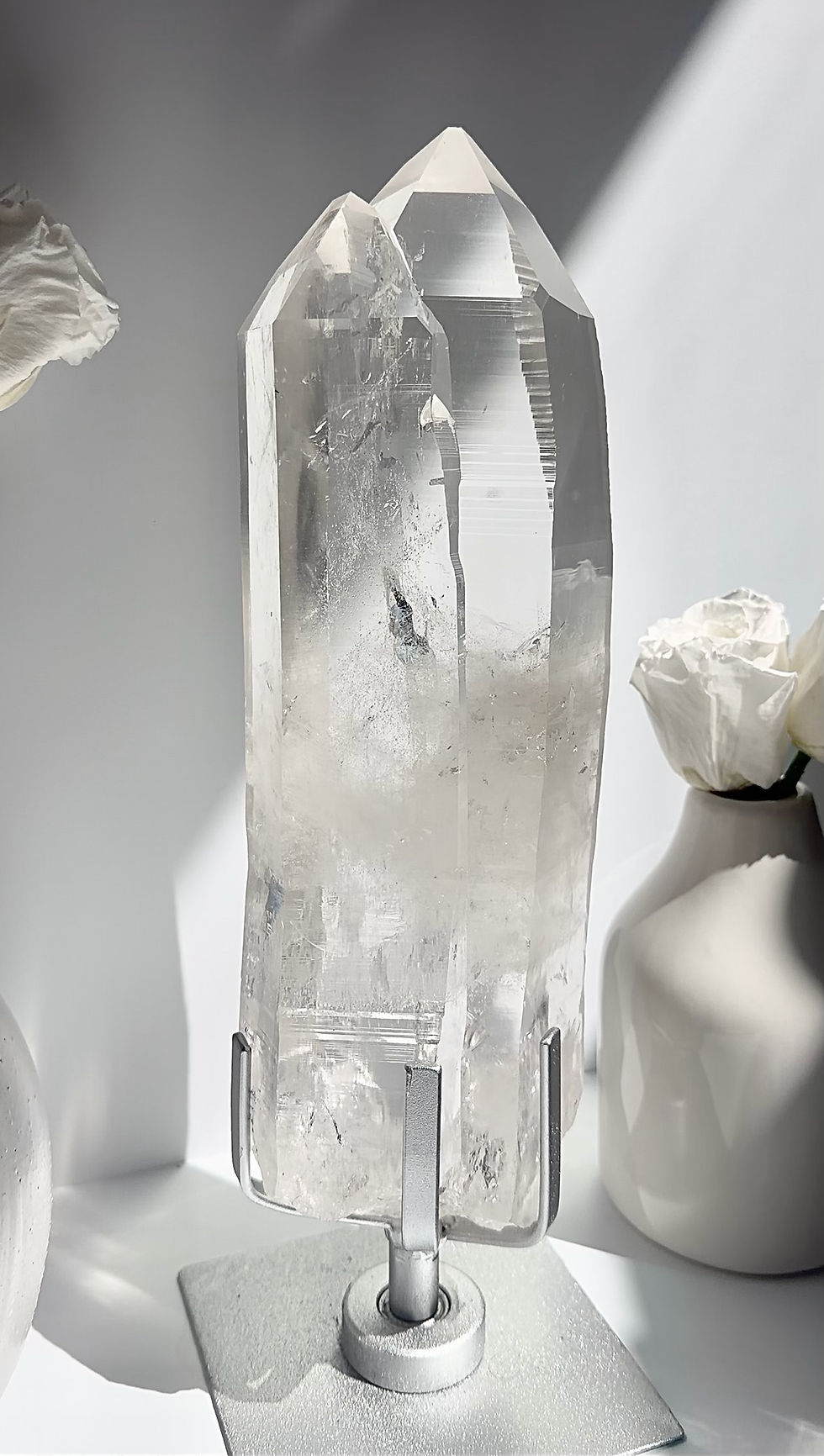 Thumbnail: 12.0”, 3.38kg  XXL Twin Flame Lemurian Quartz Point with Record Keepers, Window