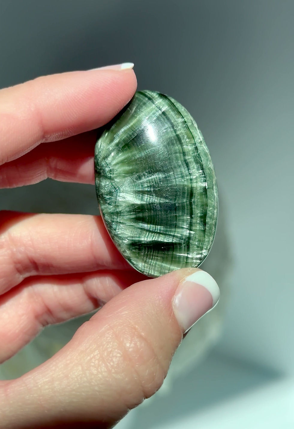 Thumbnail: 1.6” Seraphinite Mica Palm Stone - Clinochlore Mica