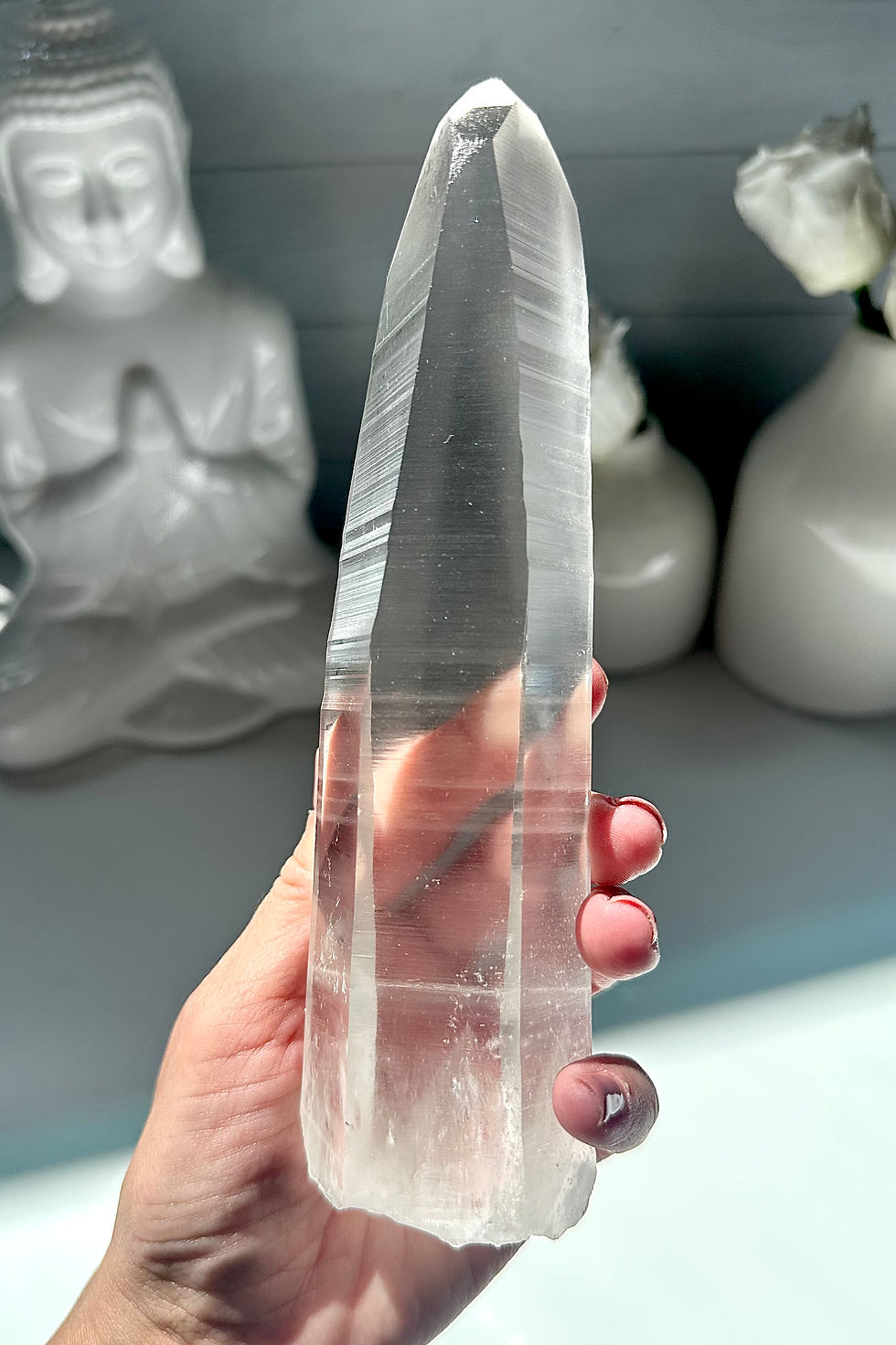 Thumbnail: 7.5” Lemurian Quartz  w/ Excellent Clarity and Linear Ridges and Glyphs