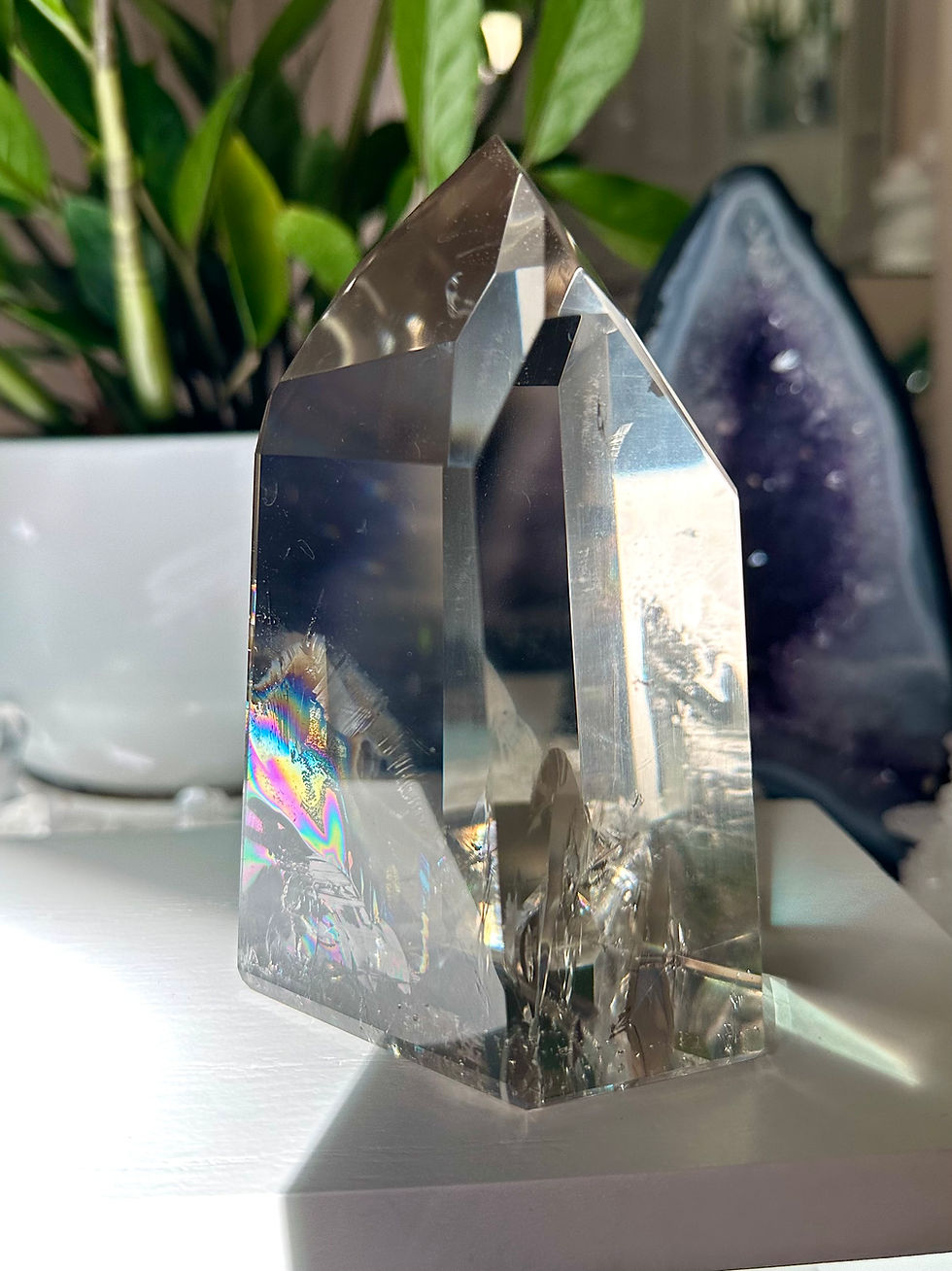 Thumbnail: 4.8” Stunning Light Smoky Lemurian Quartz Point with Large Rainbow