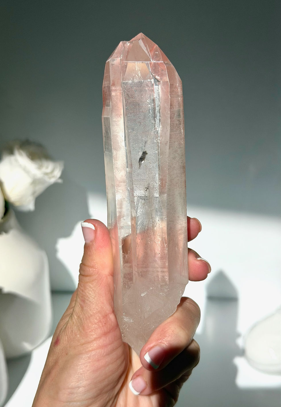 Thumbnail: 6.1” Twin Flame Pink Lemurian Quartz Point - Minas Gerais, Brazil