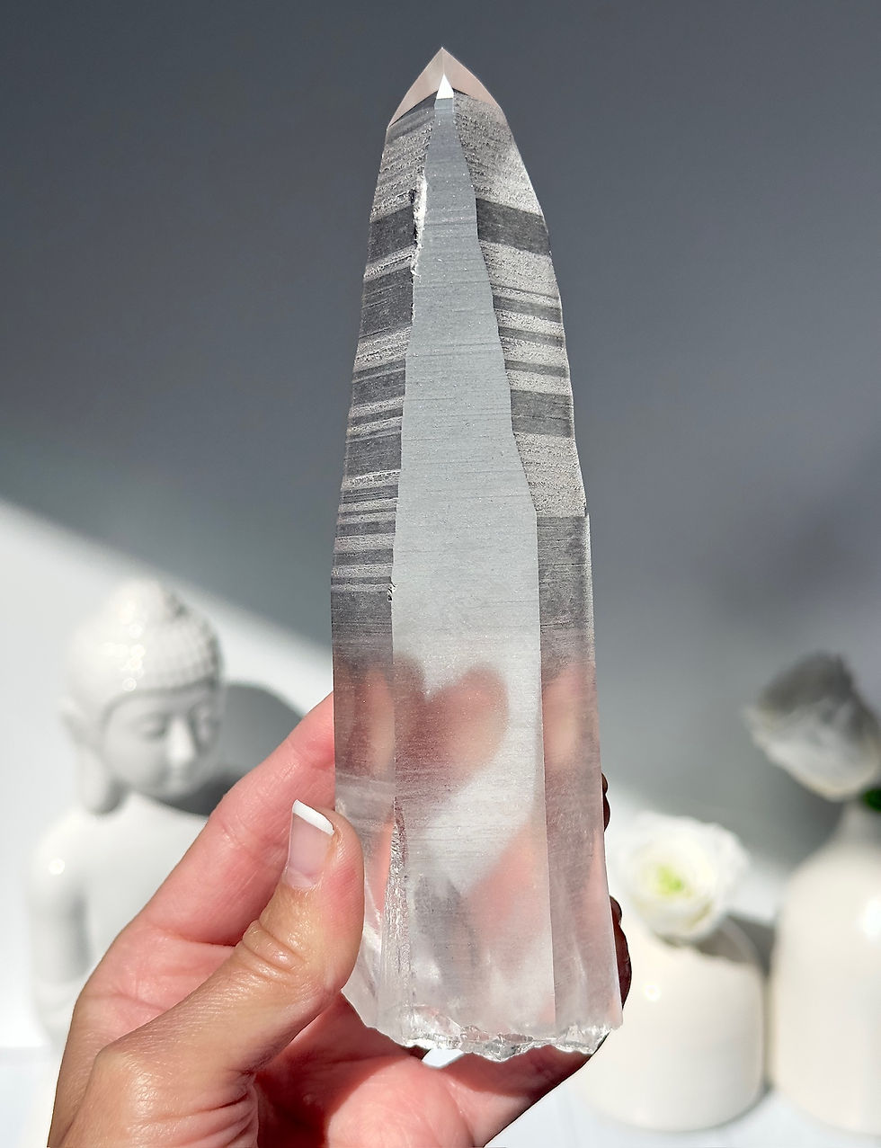 Thumbnail: 6.5” Lemurian Quartz Point with Linear Ridges, Loaded with Pyramidal Glyphs