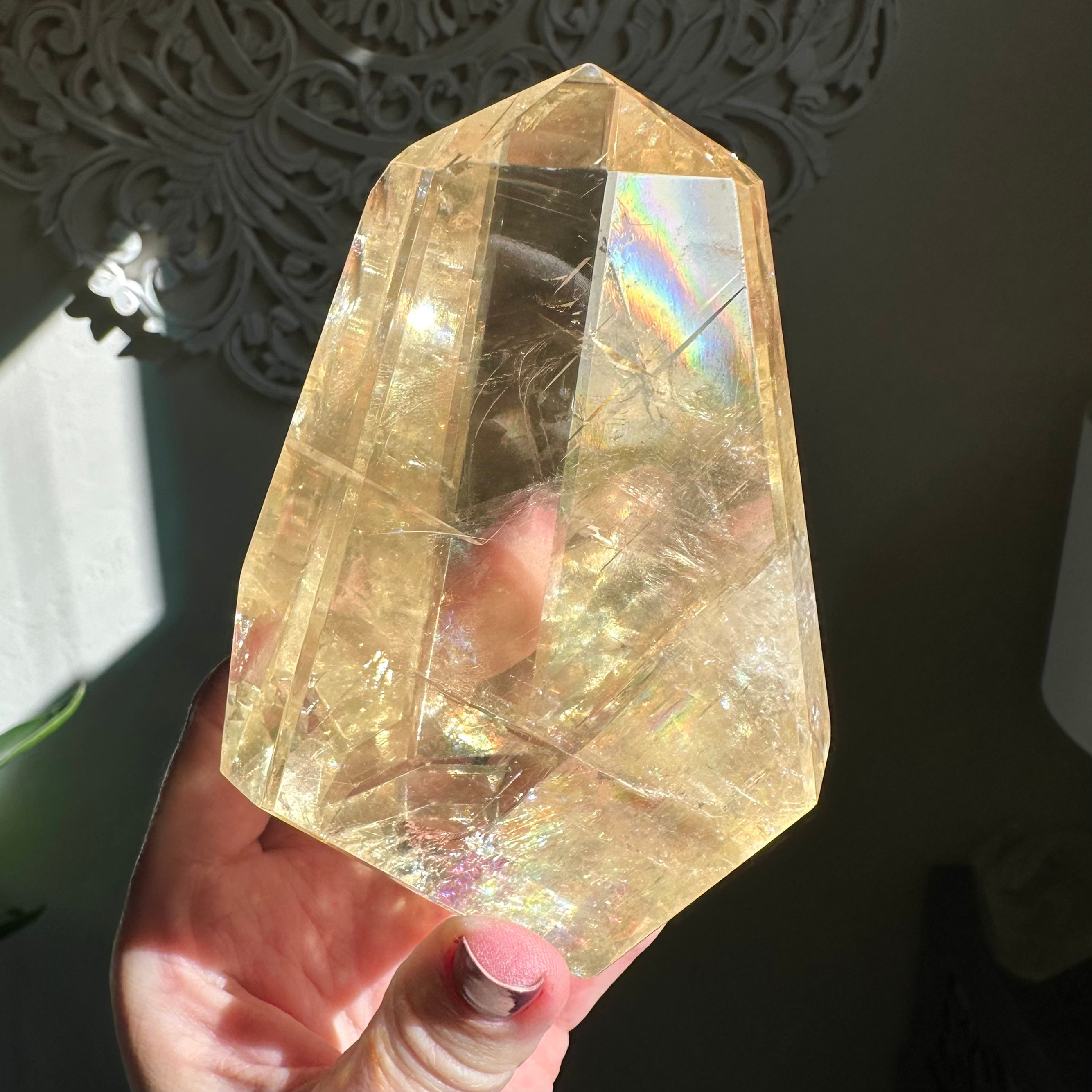 4.3" Extra Quality Optical Honey Calcite Filled with Rainbows - Solar Plexus