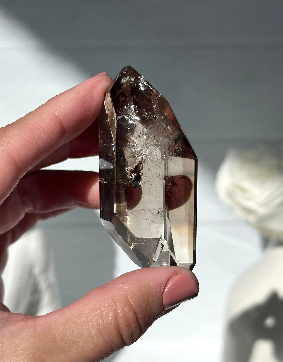 Thumbnail: 2.7” DT Smoky Lemurian Twin Point with Window, Isis Face and Rainbow