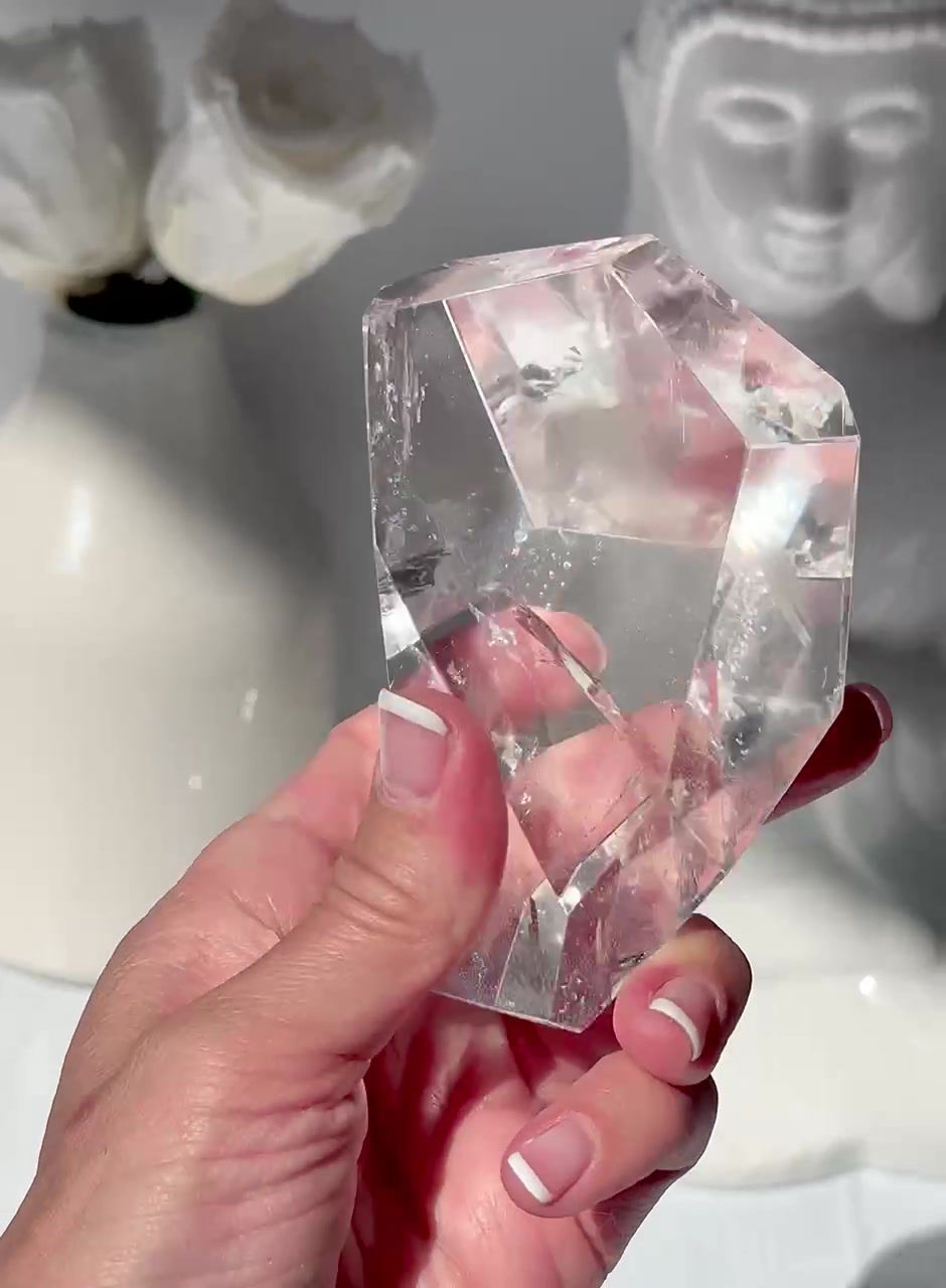 Thumbnail: 3.8” PHANTOM Lemurian Quartz Faceted Palm Stone with Rainbow - Brazil