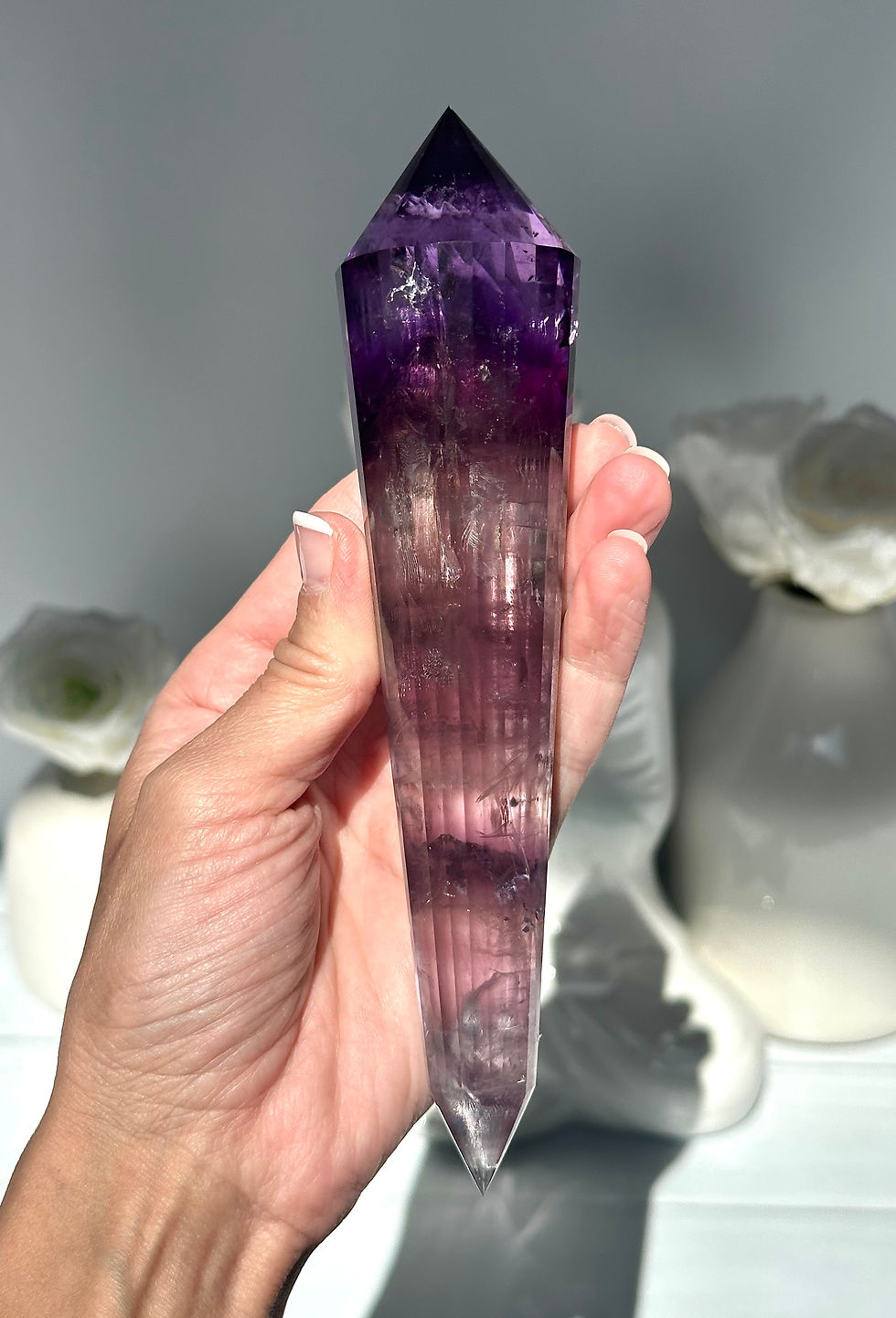 Thumbnail: 6.8” DT Faceted Bahia Amethyst Wand with Mini Rainbow - Stand Included - Brazil