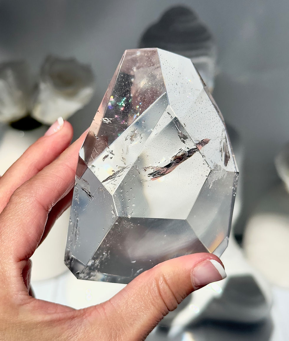 Thumbnail: 3.8” PHANTOM Lemurian Quartz Faceted Palm Stone with Rainbow - Brazil