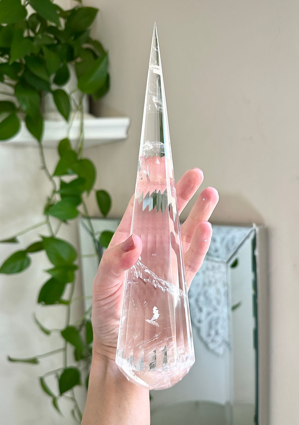 Thumbnail: 10.75” Otherworldly Faceted Lemurian Quartz Wand with Rainbow - Stand Included