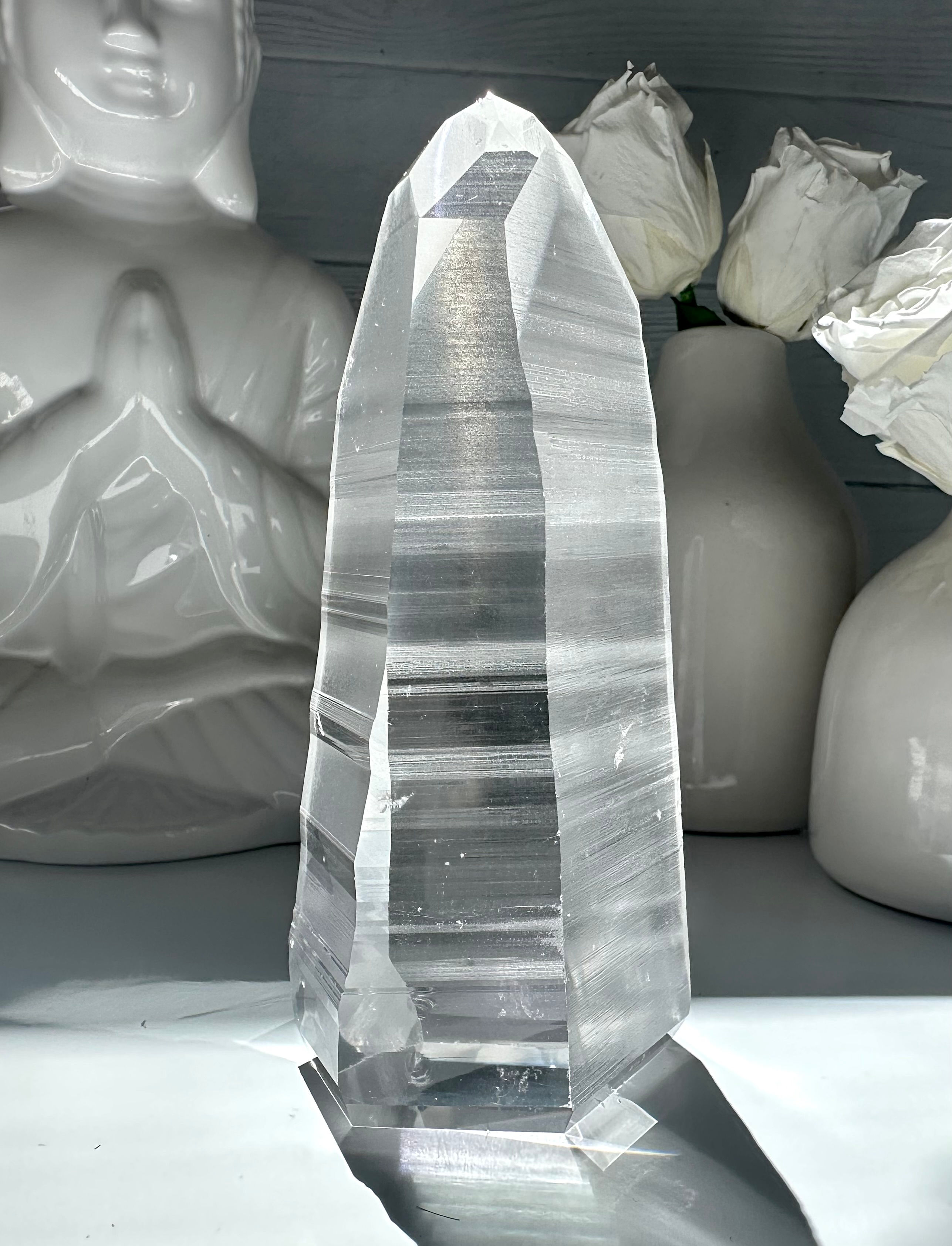 5.7” Lemurian Quartz Tower w/ Incredible Clarity and Linear Ridges and Glyphs