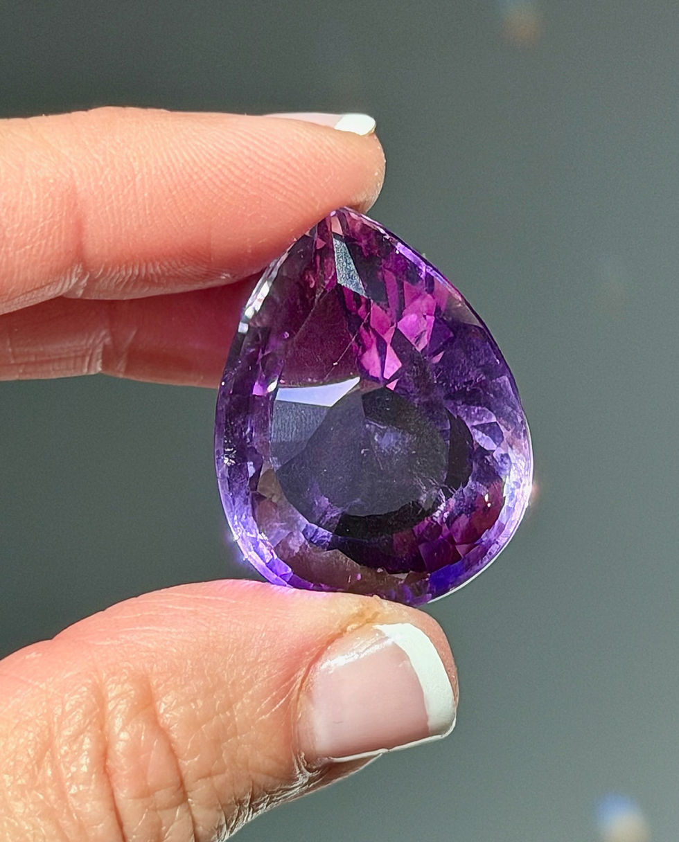 Thumbnail: 1.1” , 50ct. RARE AAA Royal Purple Amethyst Teardrop Faceted Gem Stone - India