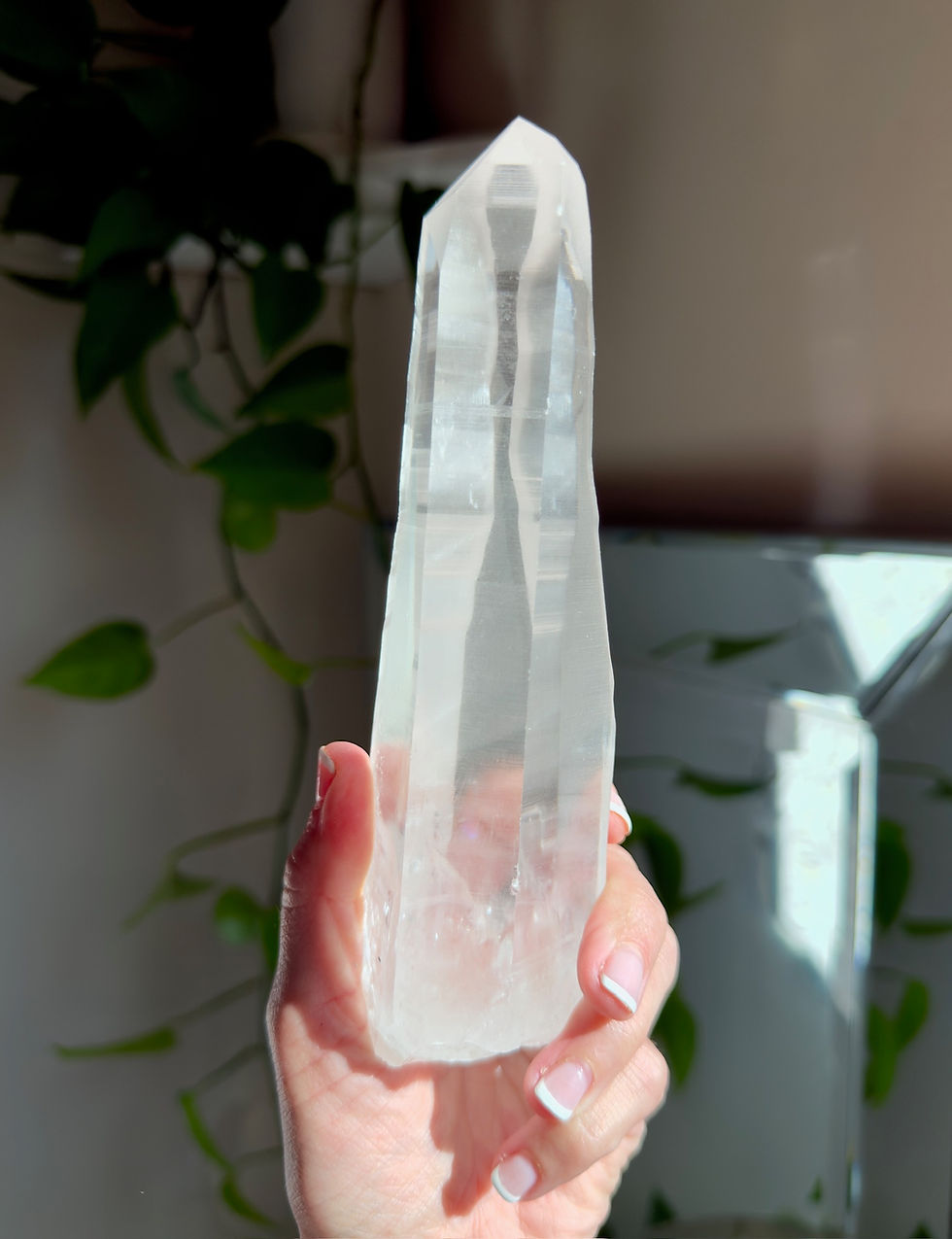 Thumbnail: 7.0”  Lemurian Quartz Point with Glyphs, Mini Rainbow and Linear Ridges - Brazil