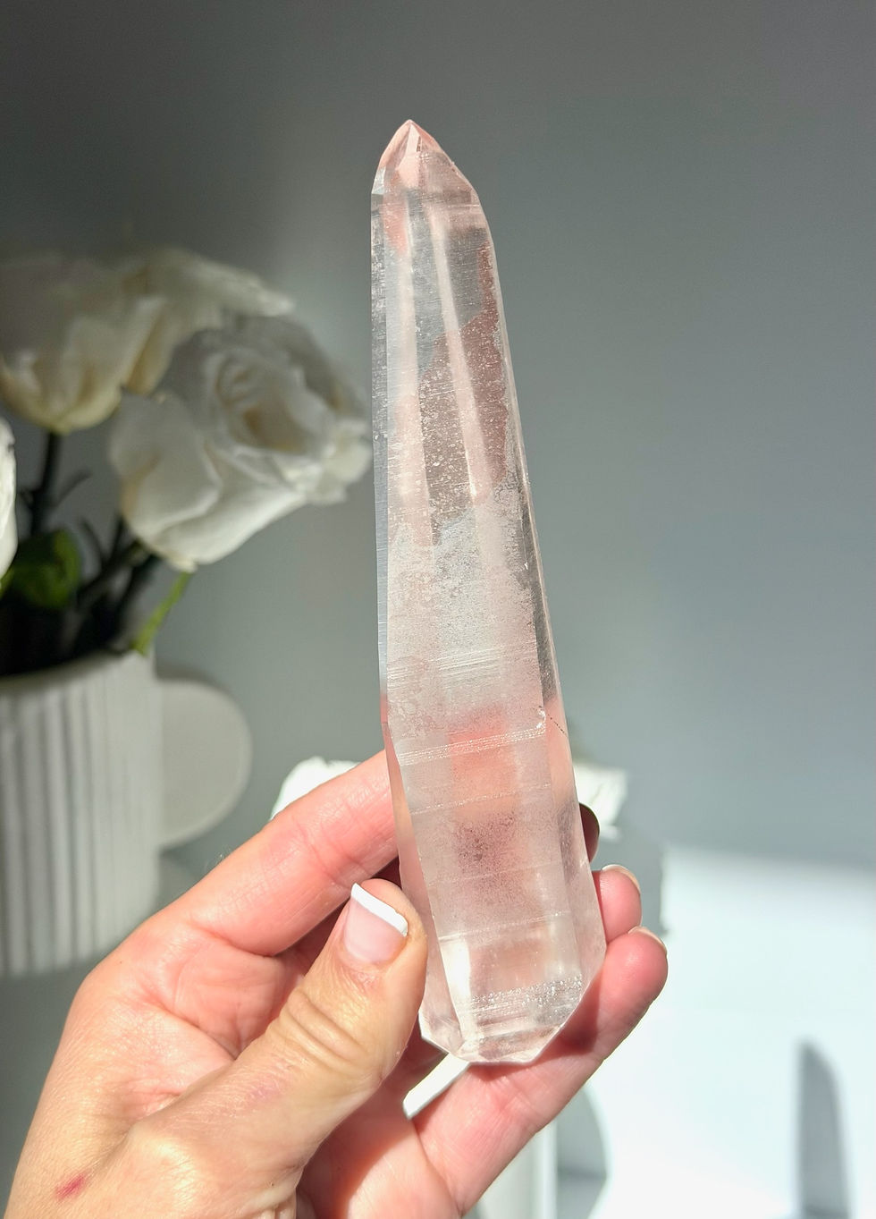 Thumbnail: 5.9”  DT Pink Lemurian Quartz with Mini Rainbow - Minas Gerais, Brazil