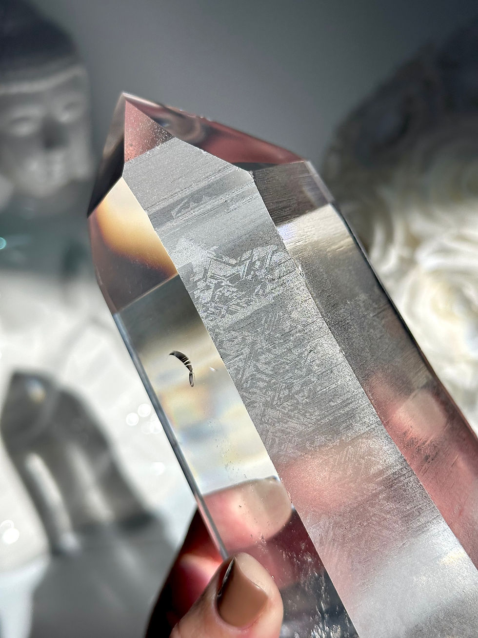 Thumbnail: 5.5” Lemurian Quartz Point with Blue Needles, Rainbow,  Glyphs, (2)Time-Links