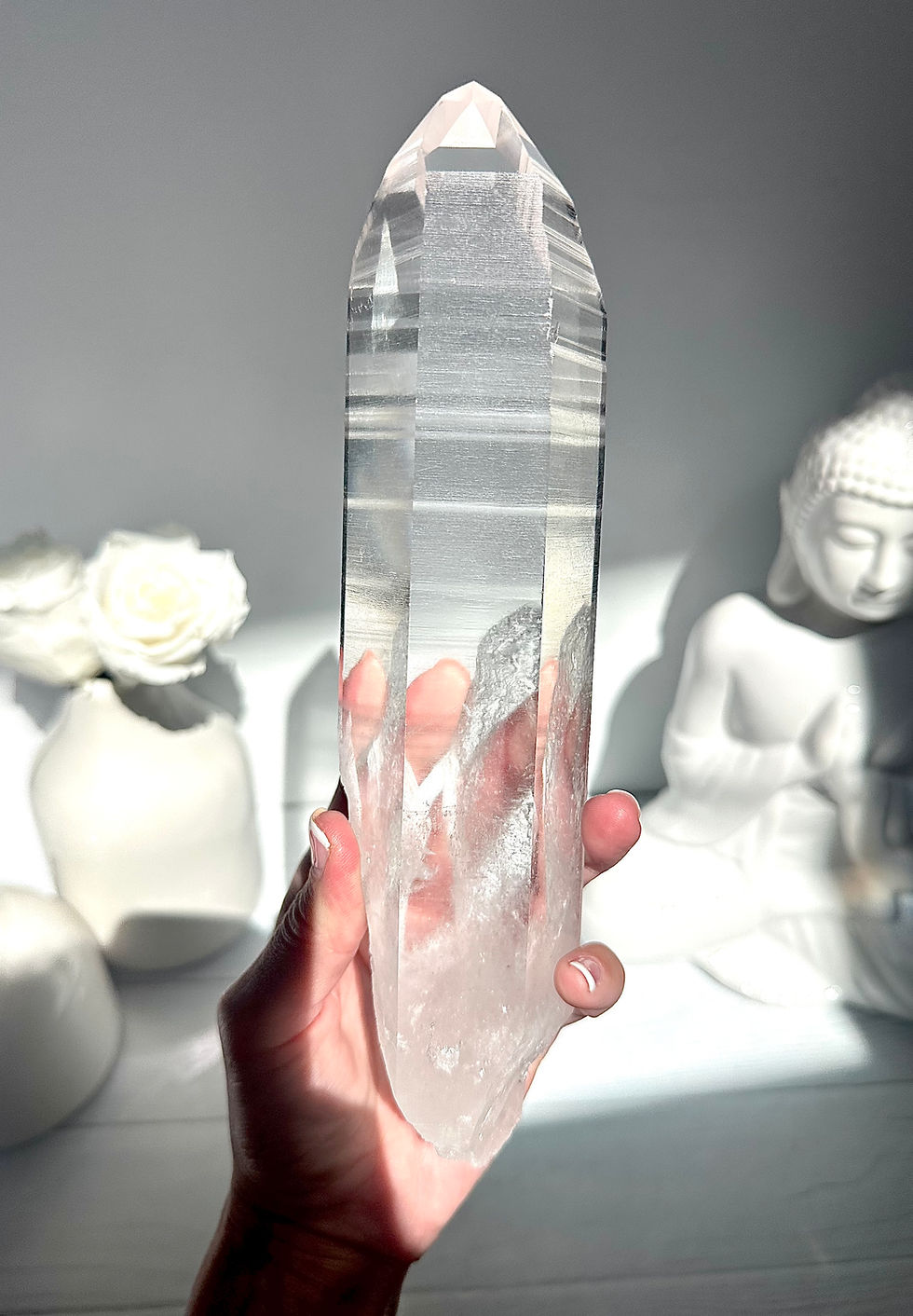 Thumbnail: 9.1” Extra Quality Optical Lemurian Quartz Point w/ Mountainscape Etchings