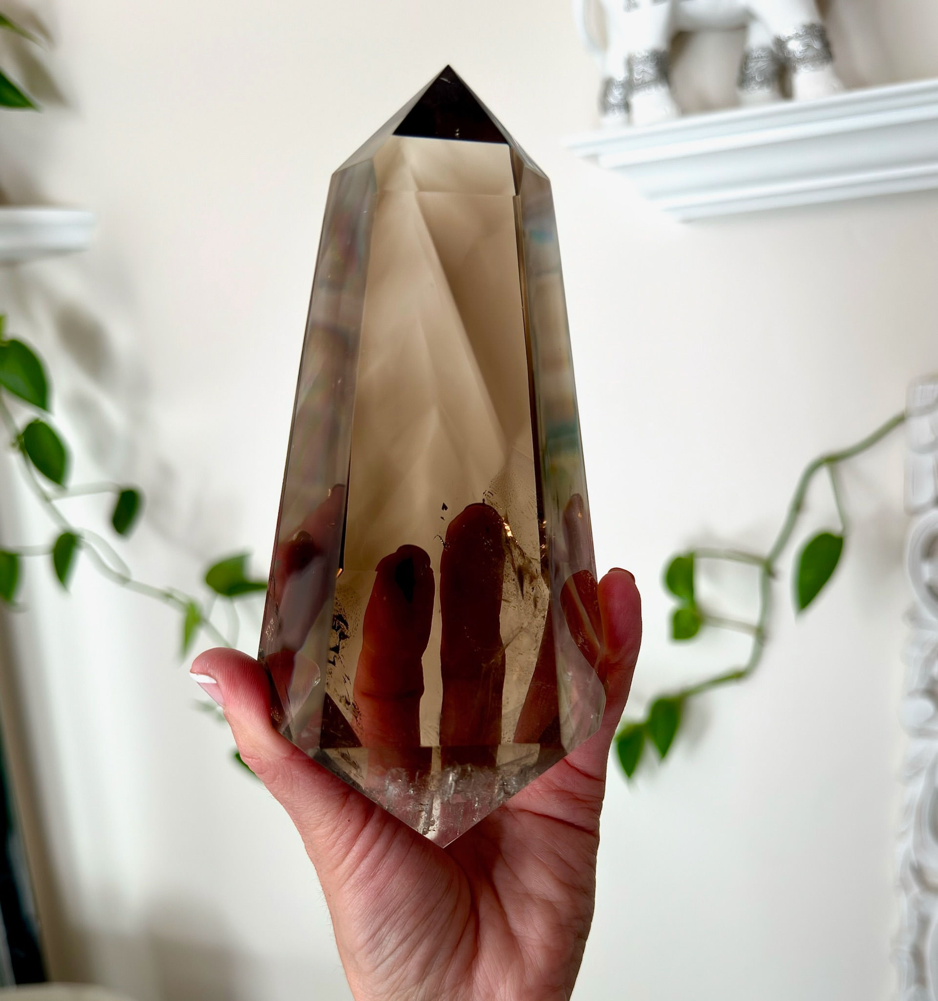 6.5” Double Terminated Smoky Quartz Point with Rainbow - Stand Included
