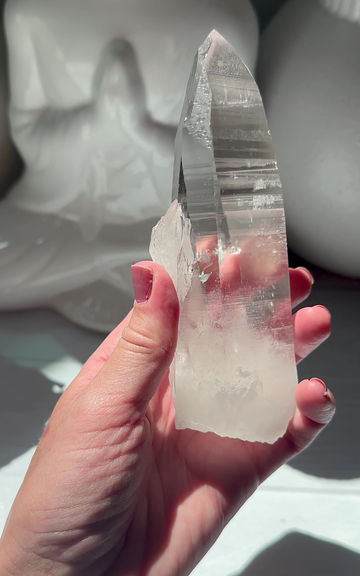 Thumbnail: 5.3” Lemurian Quartz Point with Linear Ridges, Etchings and Penetrator Crystal 