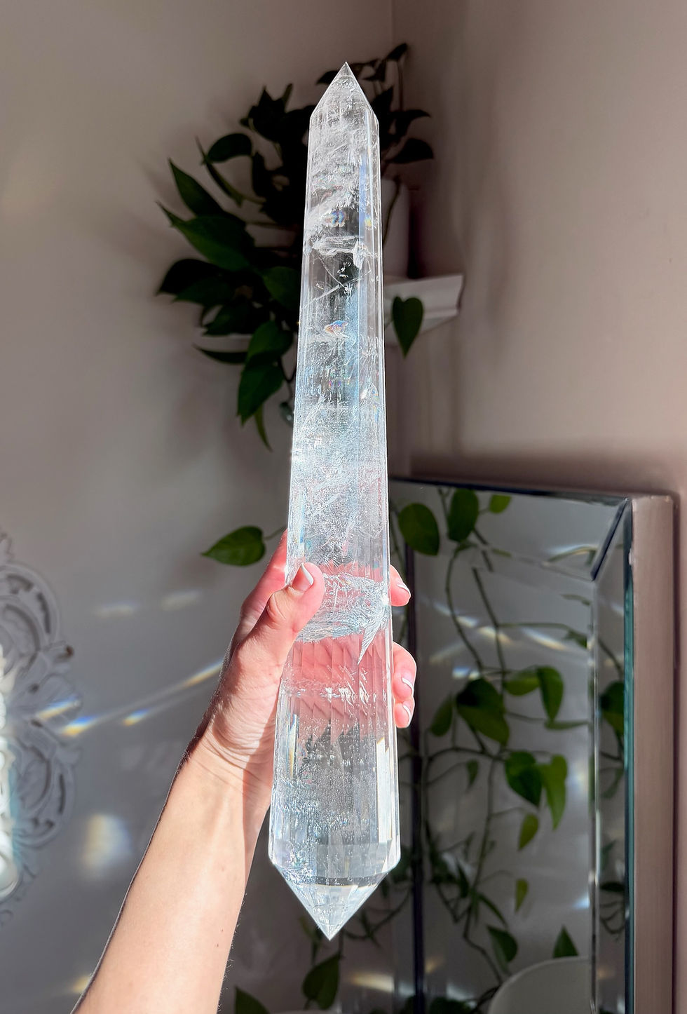 Thumbnail: 17” , 1.782kg DT Faceted Lemurian Quartz with Rainbows - Stand Included - Brazil