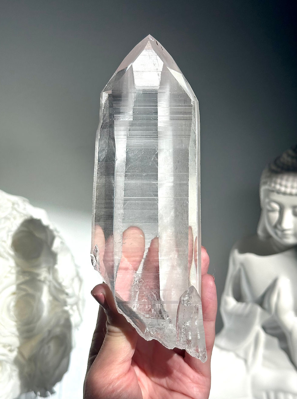 Thumbnail: 6.7” Lemurian Quartz Point w/ Companion Crystal, Deep Linear Ridges