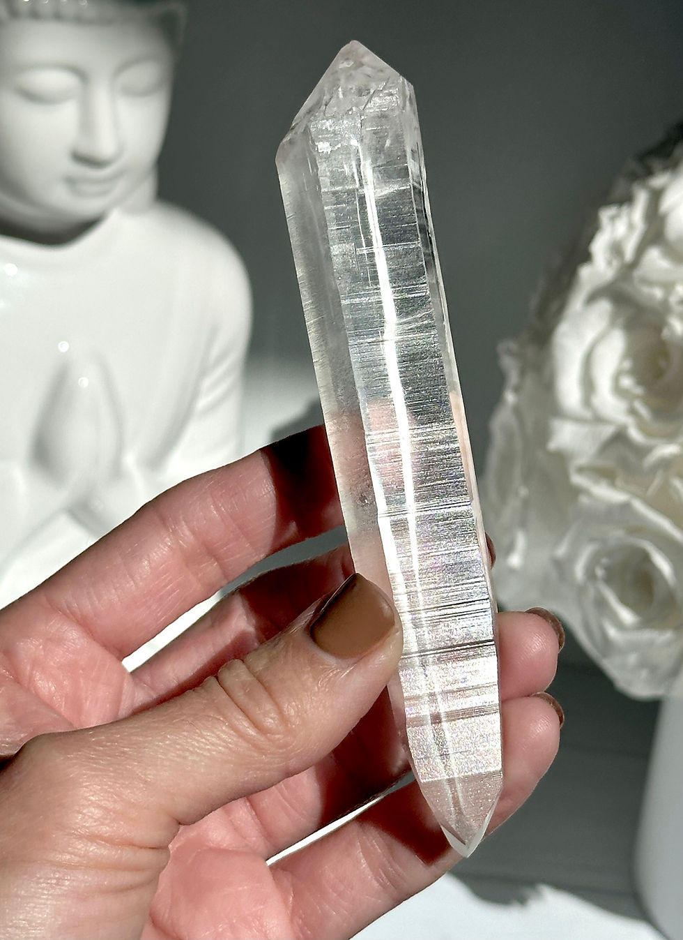 Thumbnail: 4.9” Double Terminated Lemurian Quartz Point with Pyramidal Glyphs, Barcodes