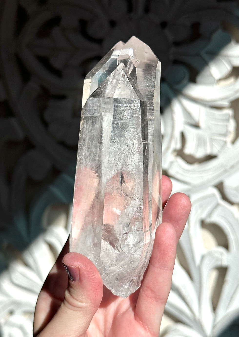 Thumbnail: 5.3” RARE Formation Himalayan Quartz Point Trio with Mini Rainbow and Record Kee