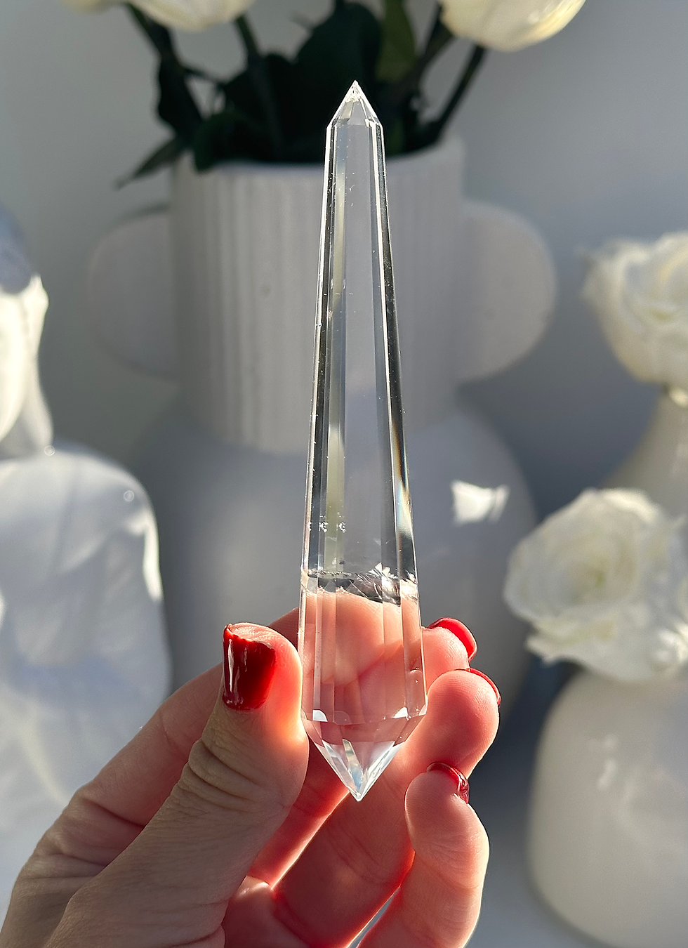 Thumbnail: 4.6”  DT Faceted Lemurian Quartz Point with Great Clarity - Minas Gerais, Brazil