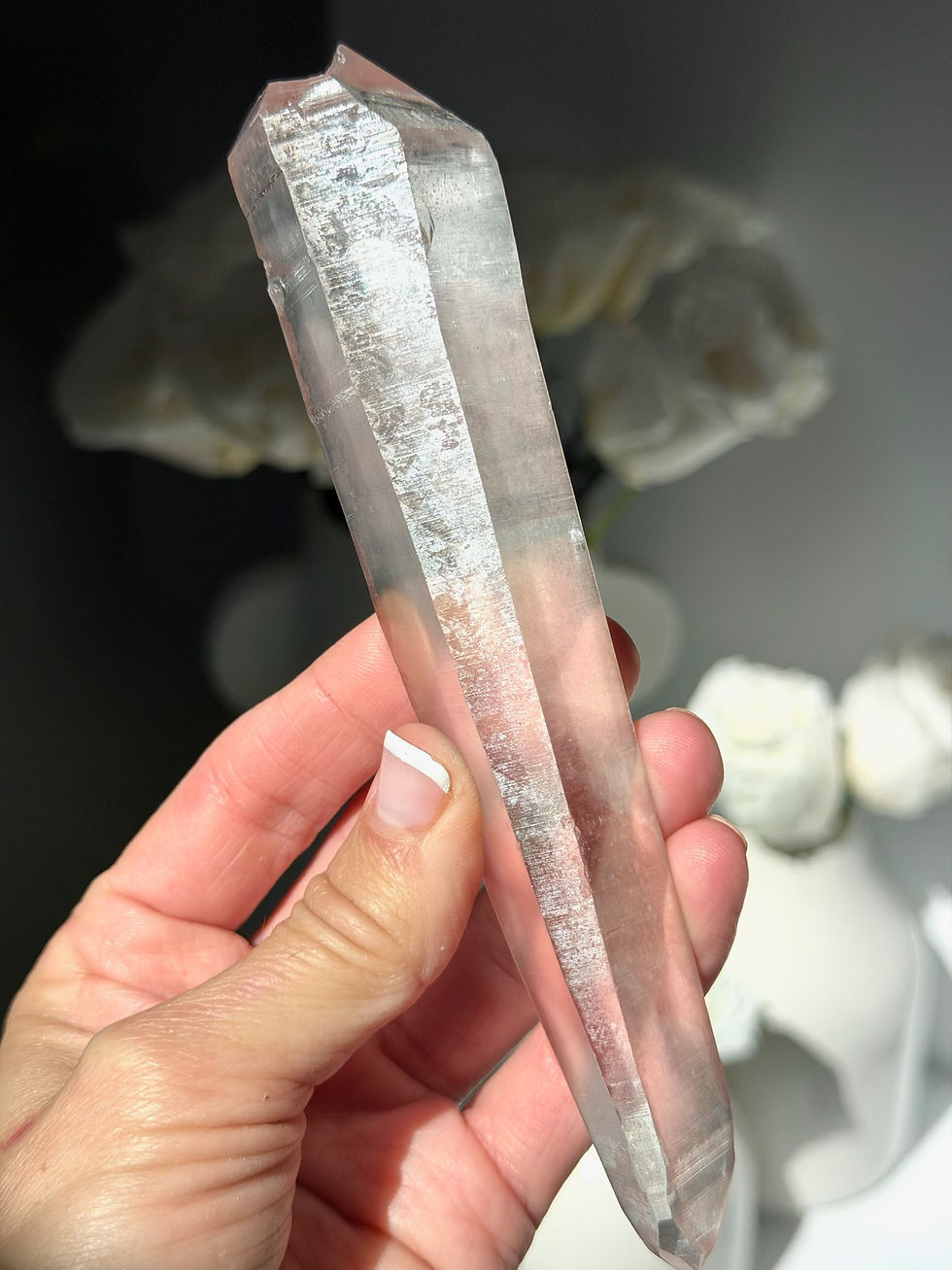 Thumbnail: 5.9”  DT Pink Lemurian Quartz with Mini Rainbow - Minas Gerais, Brazil