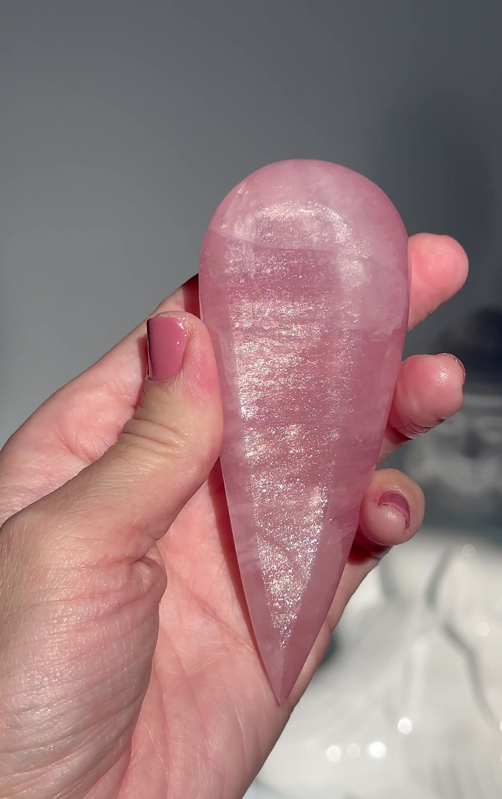 Thumbnail: 4.2” Gorgeous Rose Quartz Teardrop with Shimmering Mist - Brazil