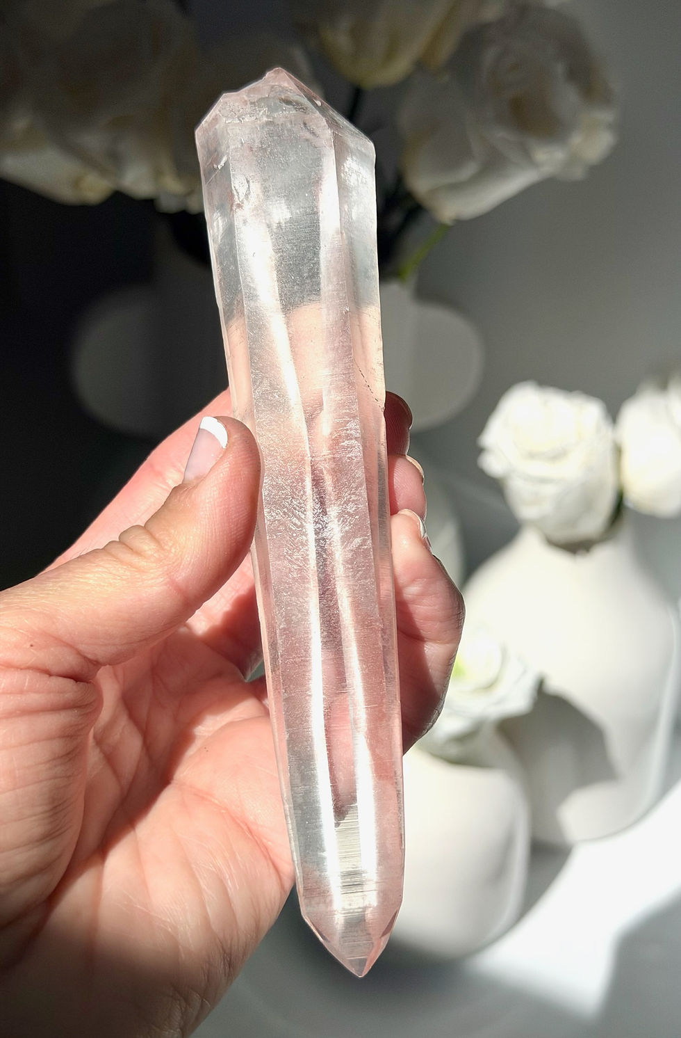Thumbnail: 5.9”  DT Pink Lemurian Quartz with Mini Rainbow - Minas Gerais, Brazil