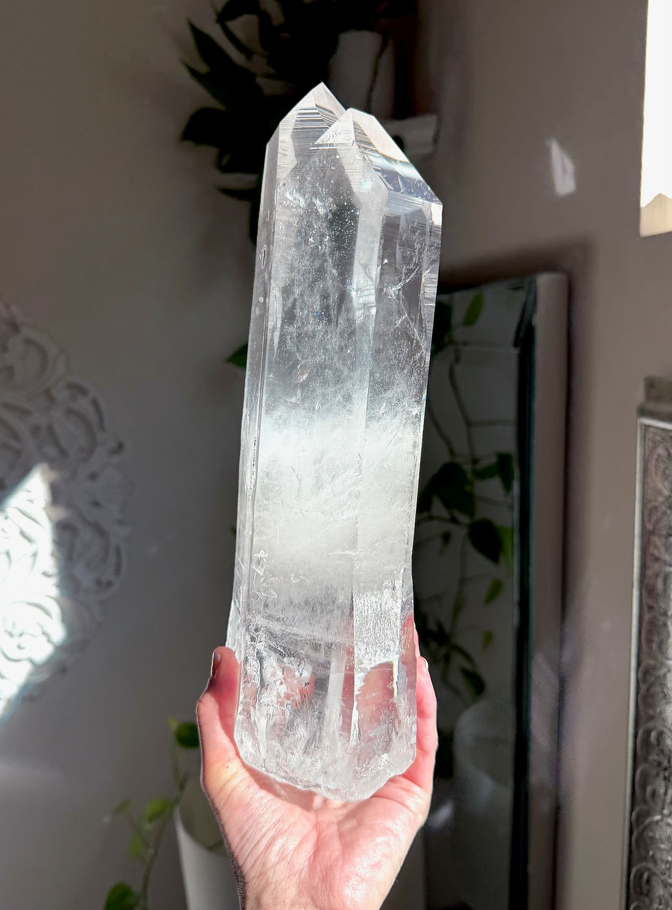 Thumbnail: 12.0”, 3.38kg  XXL Twin Flame Lemurian Quartz Point with Record Keepers, Window
