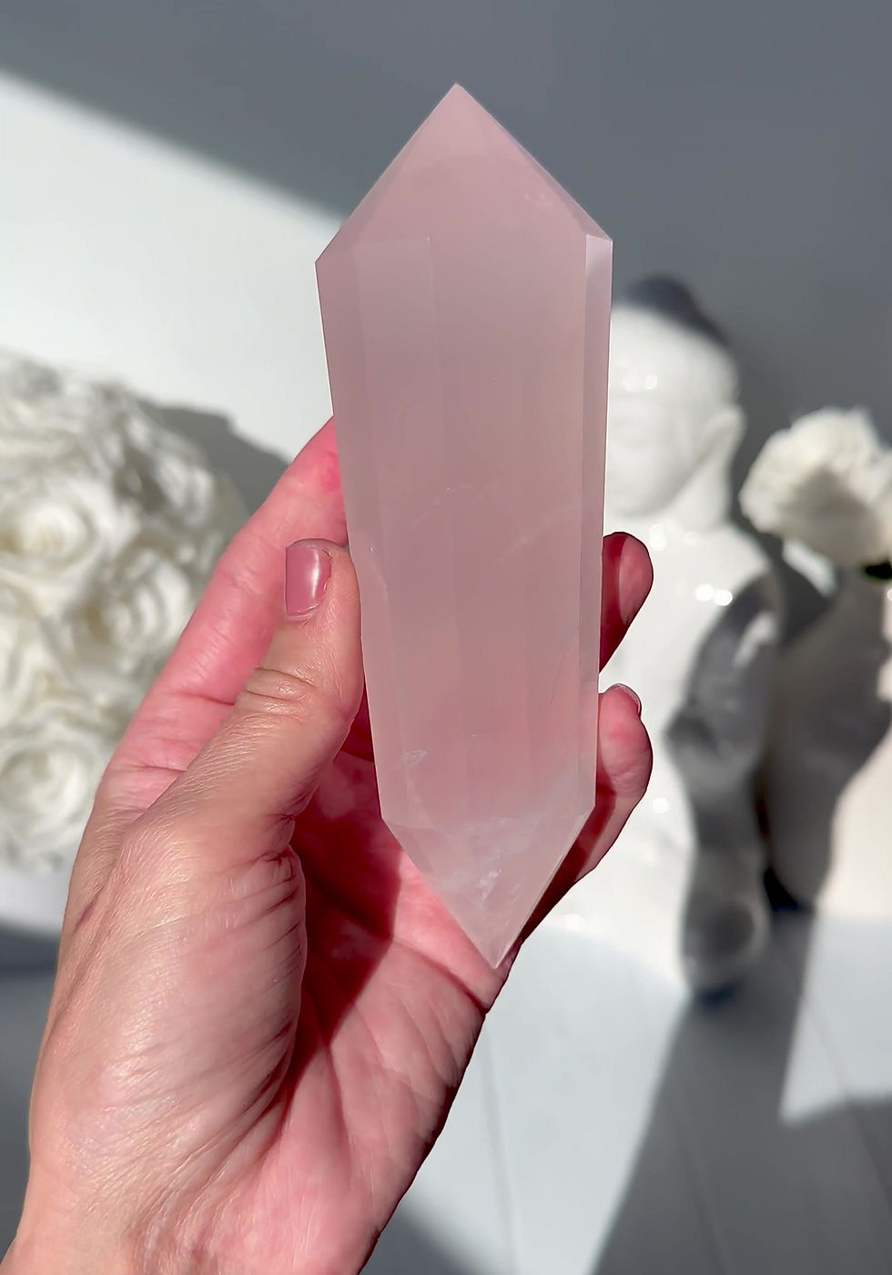 Thumbnail: 5.7” DT Faceted Rose Quartz Wand with Rainbow - Brazil